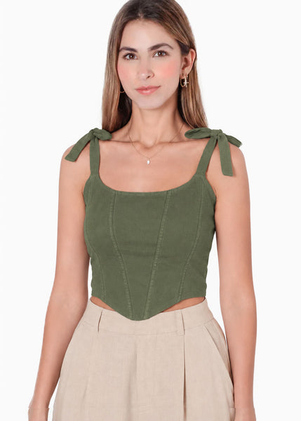 Crop top de tiras tipo corset con bordado de color marfil - UYUNI.VERDE