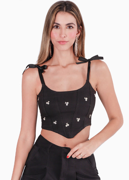 Crop top de tiras tipo corset con bordado de flores color negro para mujer - Flashy