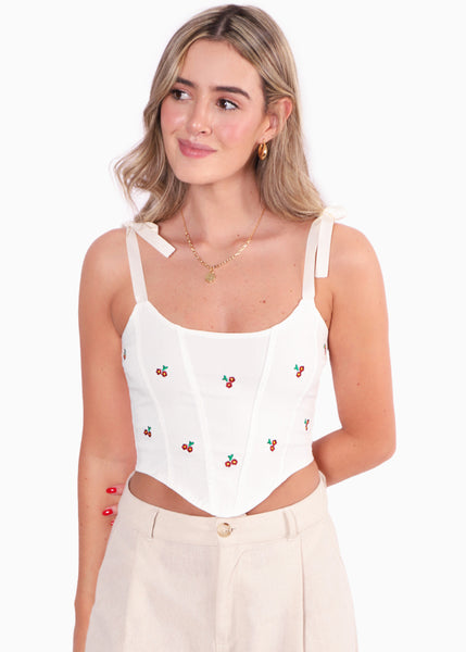 Crop top de tiras tipo corset con bordado de flores color blanco, marfil para mujer - Flashy