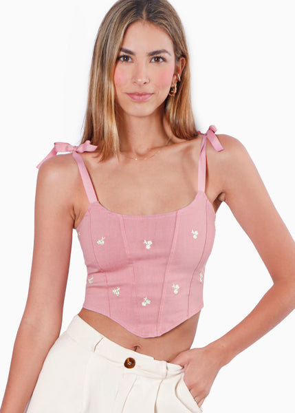 Crop top de tiras tipo corset con bordado de flores color rosado para mujer - Flashy