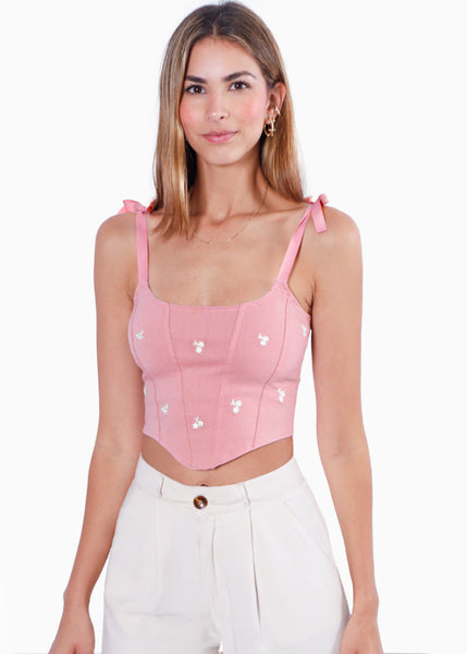 Crop top de tiras tipo corset con bordado de flores color rosado para mujer - Flashy