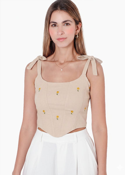 Crop top de tiras tipo corset con bordado - PASCALIA.BEIGE