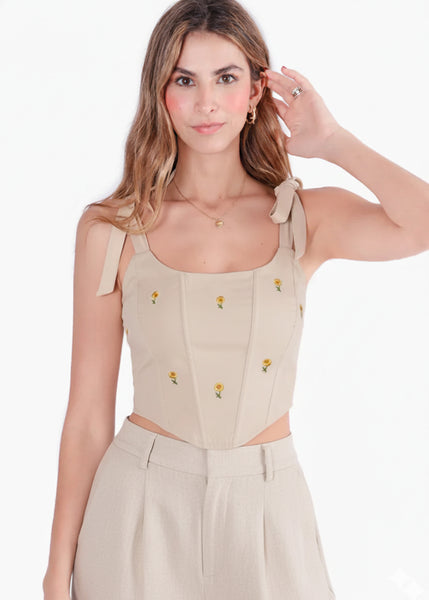 Crop top de tiras tipo corset con bordado - PASCALIA.BEIGE