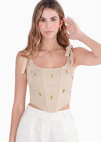 Crop top de tiras tipo corset con bordado - PASCALIA.BEIGE