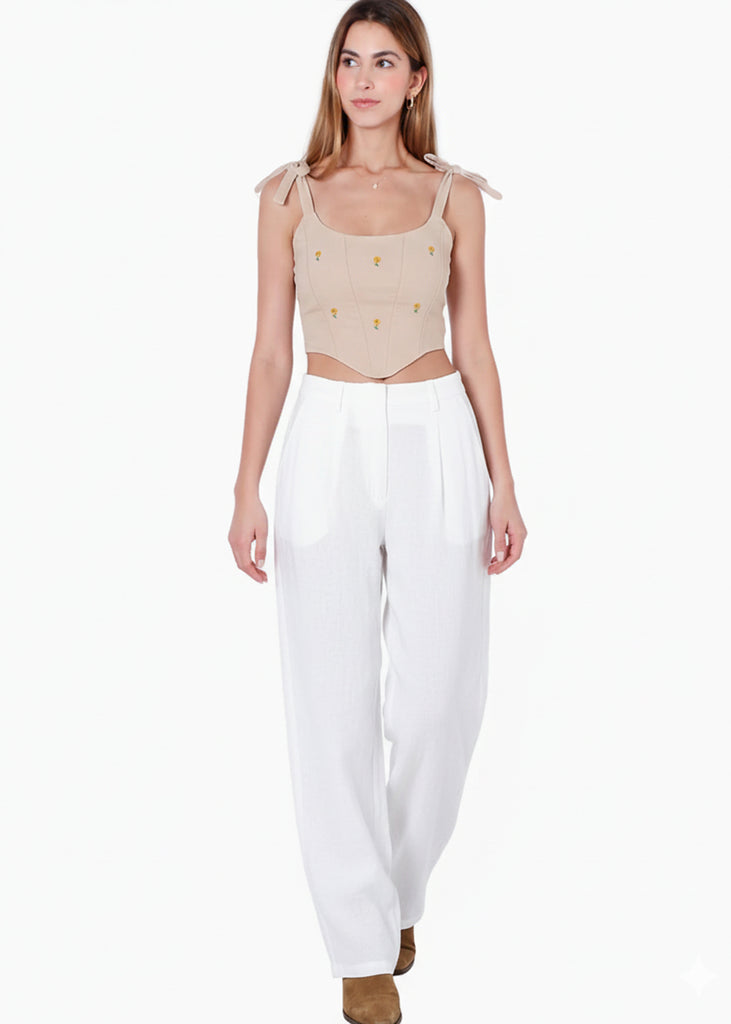 Crop top de tiras tipo corset con bordado - PASCALIA.BEIGE