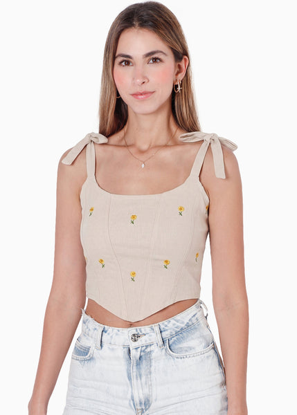Crop top de tiras tipo corset con bordado - PASCALIA.BEIGE