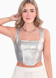 Crop top de tiras tipo corset con efecto metalizado color plateado para mujer - Flashy