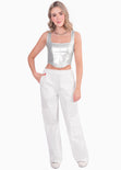 Crop top de tiras tipo corset con efecto metalizado color plateado para mujer - Flashy