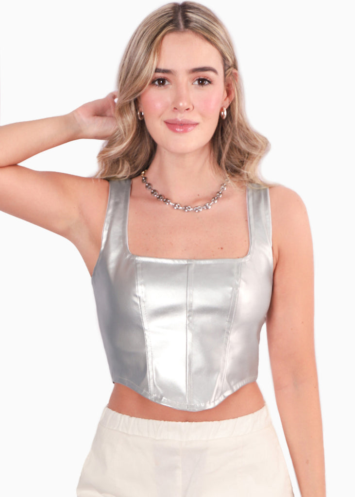 Crop top de tiras tipo corset con efecto metalizado  para mujer - Flashy