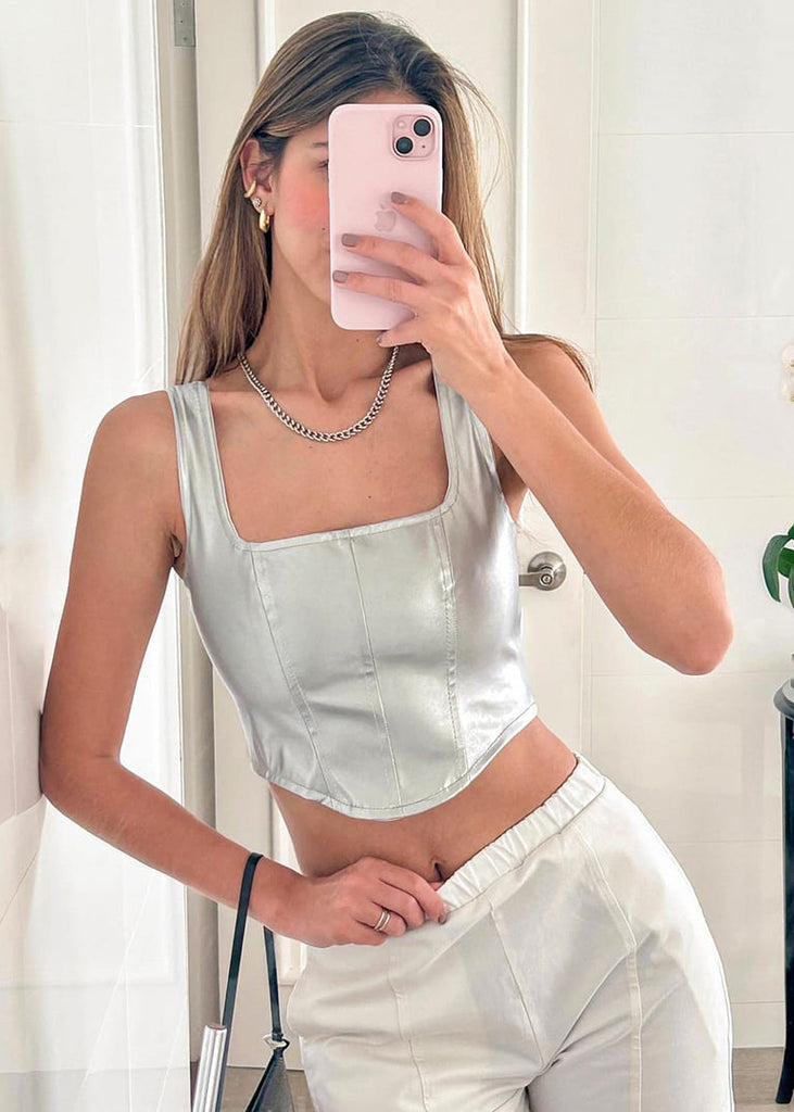 Crop top de tiras tipo corset con efecto metalizado color plateado para mujer - Flashy