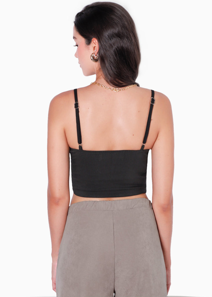 Crop top de tiras tipo corset con escote en v color negro para mujer - Flashy