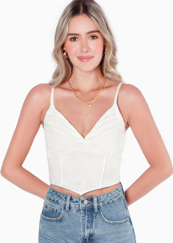 Crop top de tiras tipo corset con escote en v color blanco para mujer - Flashy