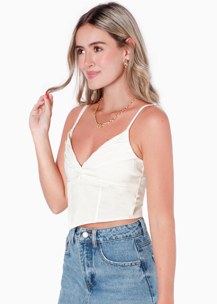 Crop top de tiras tipo corset con escote en v color blanco para mujer - Flashy