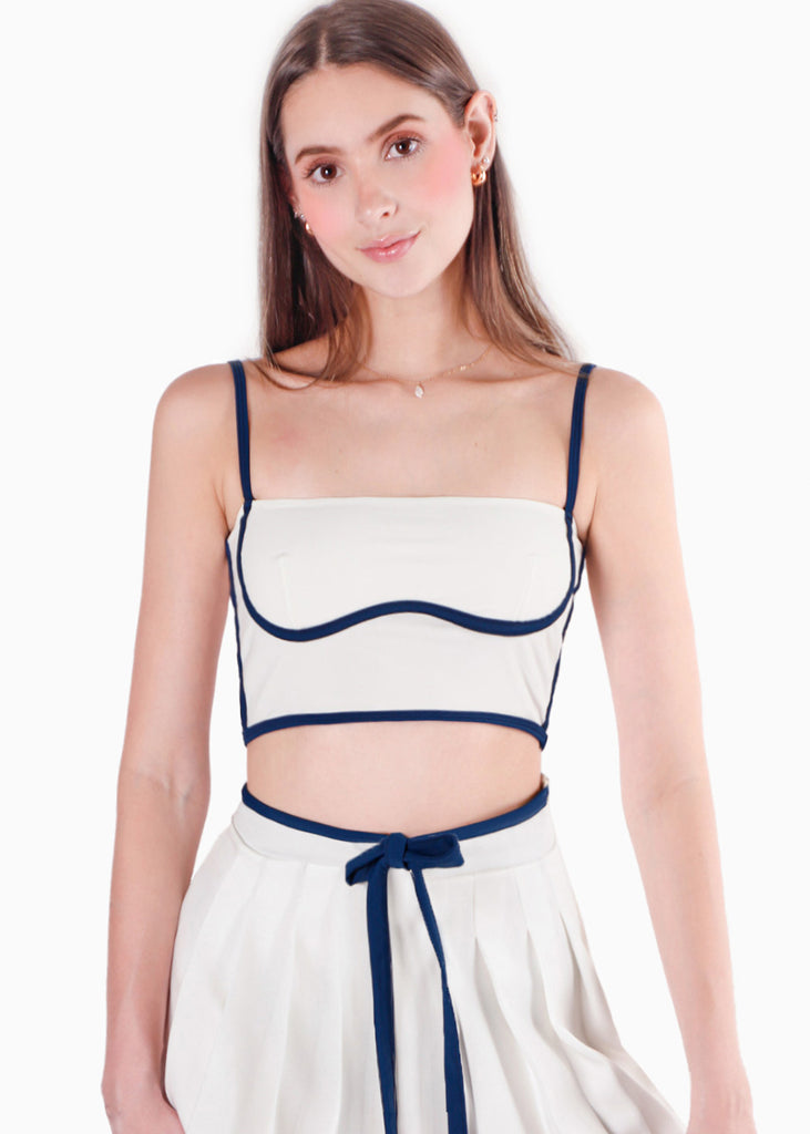 Crop top de tiras tipo corset con sesgos en contraste color blanco, marfil para mujer - Flashy