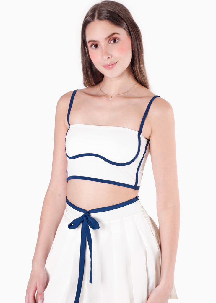 Crop top de tiras tipo corset con sesgos en contraste color blanco, marfil para mujer - Flashy