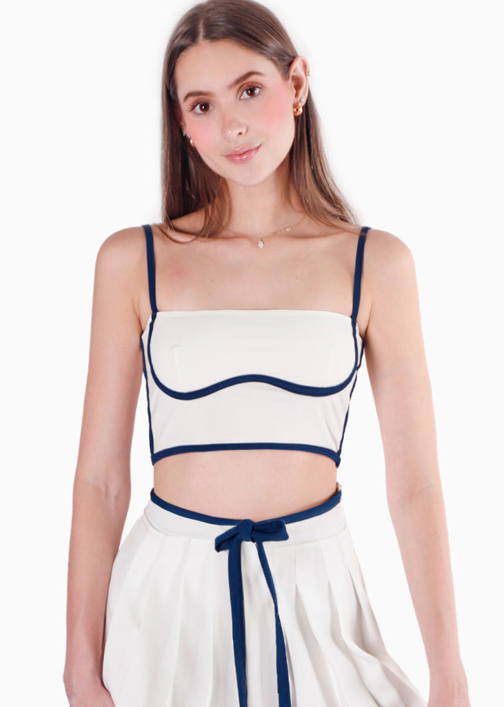 Crop top de tiras tipo corset con sesgos en contraste color blanco, marfil para mujer - Flashy
