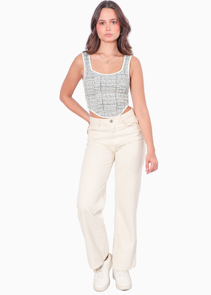 Crop top de tiras tipo corset de tweed color azul para mujer - Flashy
