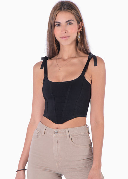 Crop top de tiras tipo corset color negro para mujer - Flashy