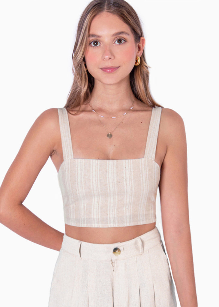 Crop top de tiras tipo lino con rayas color beige para mujer - Flashy