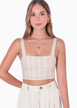 Crop top de tiras tipo lino con rayas color beige para mujer - Flashy