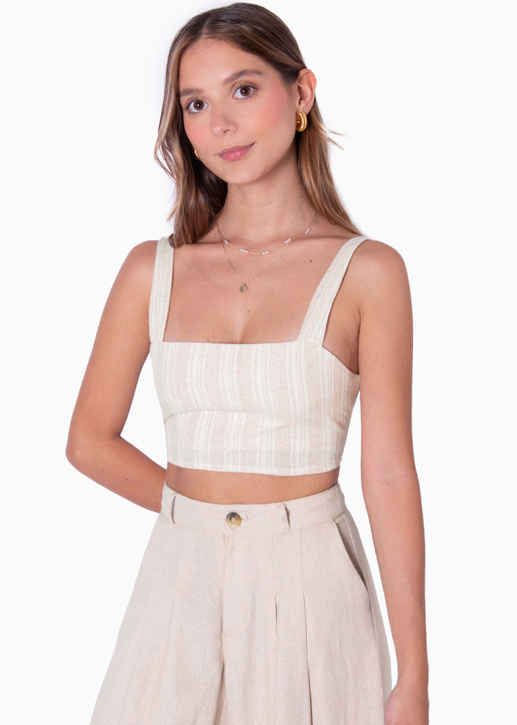 Crop top de tiras tipo lino con rayas color beige para mujer - Flashy