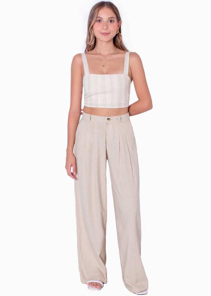 Crop top de tiras tipo lino con rayas color beige para mujer - Flashy