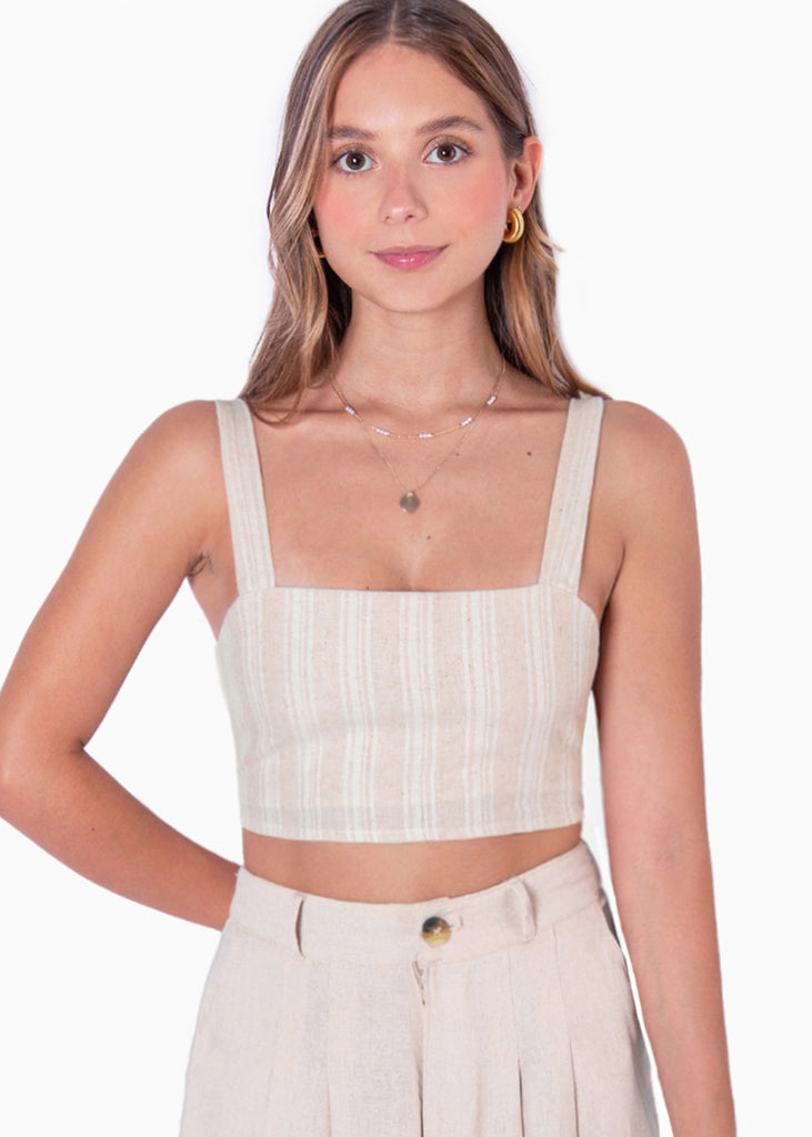 Crop top de tiras tipo lino con rayas color beige para mujer - Flashy