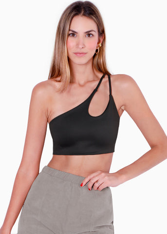 Crop top de un solo hombro color negro para mujer - Flashy