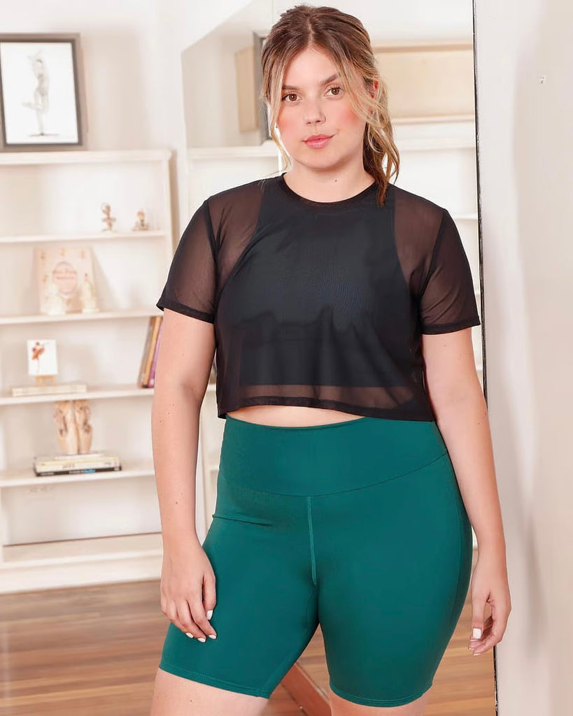 Crop top deportivo de malla y manga corta color negro para mujer - Flashy