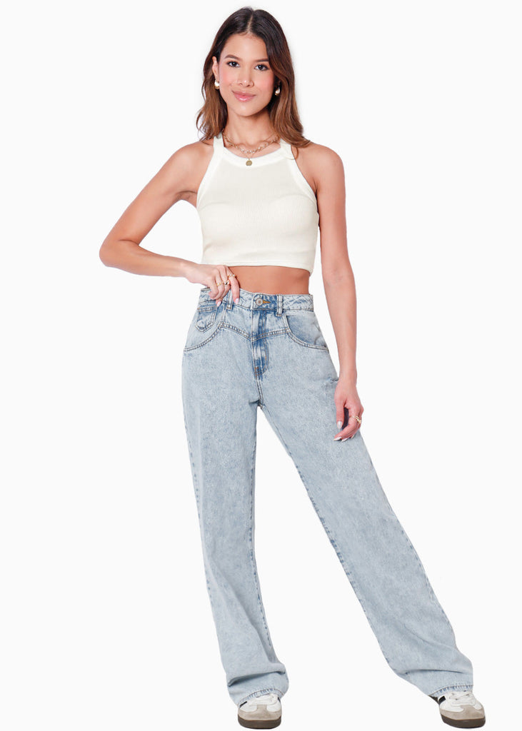 Crop top halter sin mangas y con cruce en espalda color blanco, marfil para mujer - Flashy
