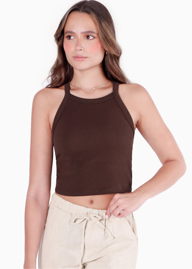 Crop top halter sin mangas y con cruce en espalda color café color café para mujer - Flashy
