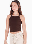 Crop top halter sin mangas y con cruce en espalda color café color café para mujer - Flashy