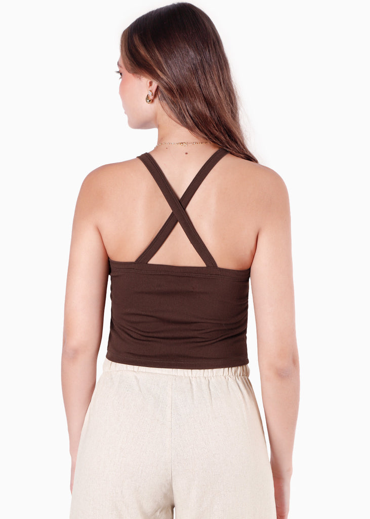 Crop top halter sin mangas y con cruce en espalda color café color café para mujer - Flashy