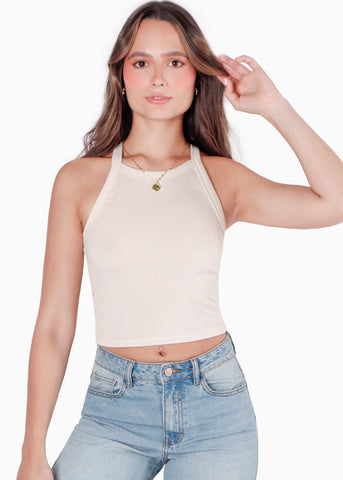 Crop top halter sin mangas y con cruce en espalda color beige color beige para mujer - Flashy