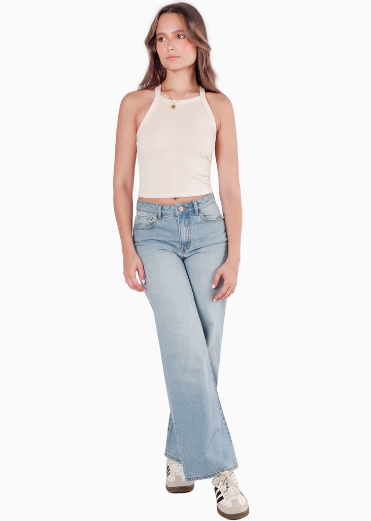 Crop top halter sin mangas y con cruce en espalda color beige color beige para mujer - Flashy