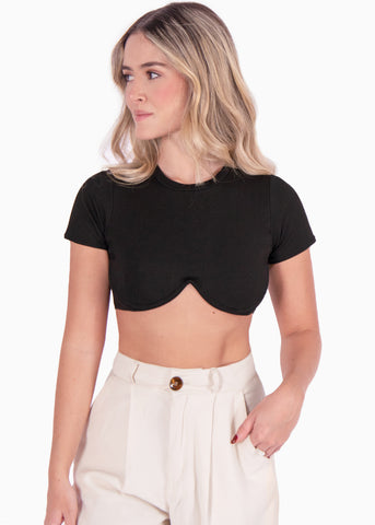 Crop top manga corta con cuello redondo color negro para mujer - Flashy