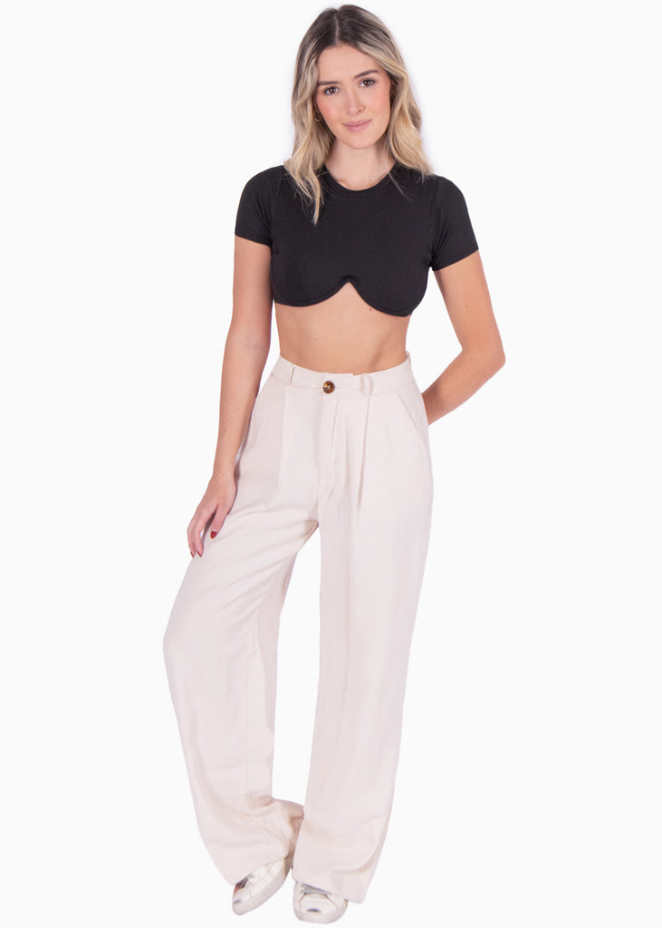 Crop top manga corta con cuello redondo color negro para mujer - Flashy