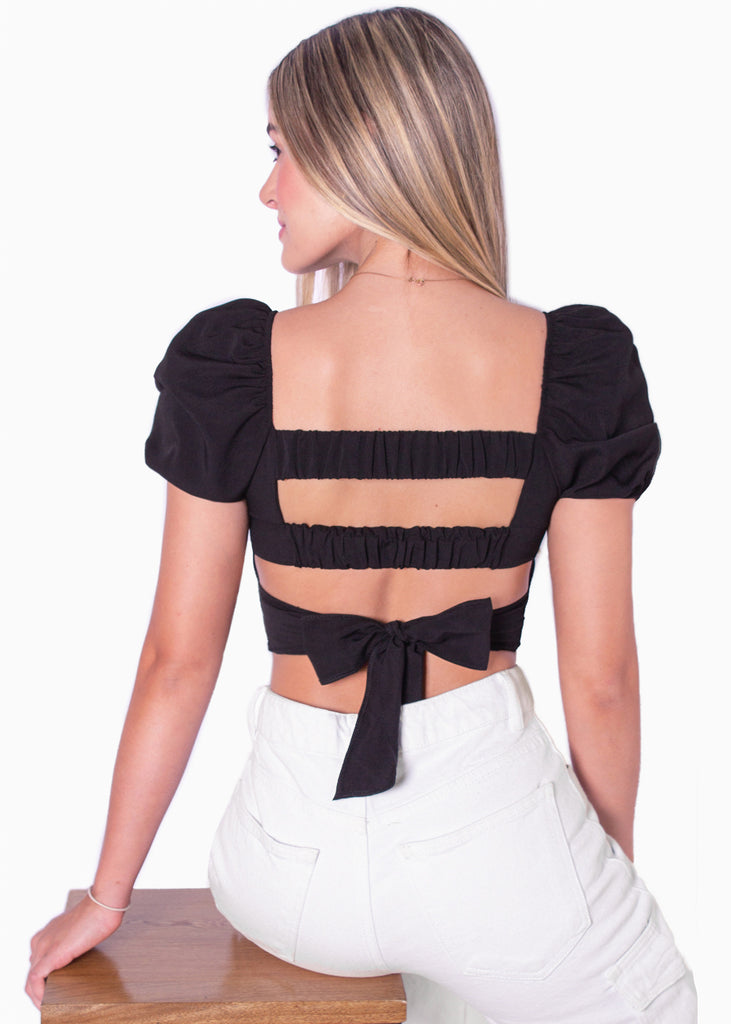 Crop top manga corta con espalda descubierta color negro para mujer - Flashy