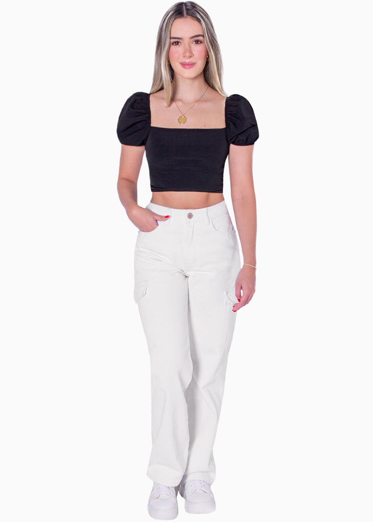Crop top manga corta con espalda descubierta color negro para mujer - Flashy