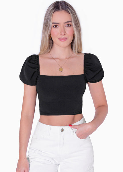 Crop top manga corta con espalda descubierta color negro para mujer - Flashy