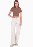 Crop top manga corta con espalda descubierta y anudado en contraste color café para mujer - Flashy
