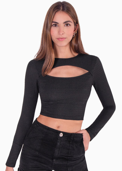 Crop top manga larga con abertura cut out en escote - LUCILIA