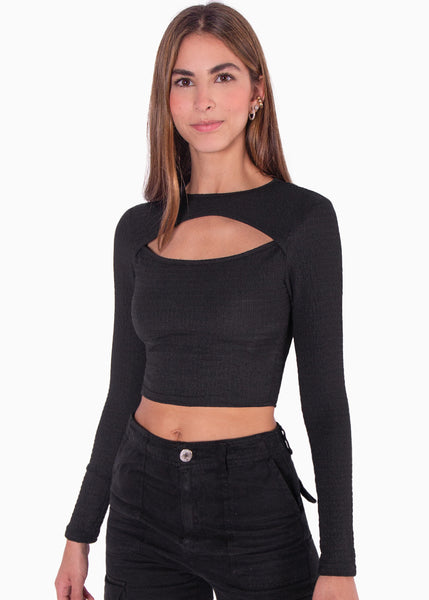 Crop top manga larga con abertura cut out en escote - LUCILIA