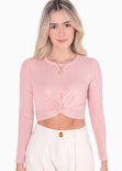 Buzo crop manga larga con escote entorchado color rosado para mujer - Flashy