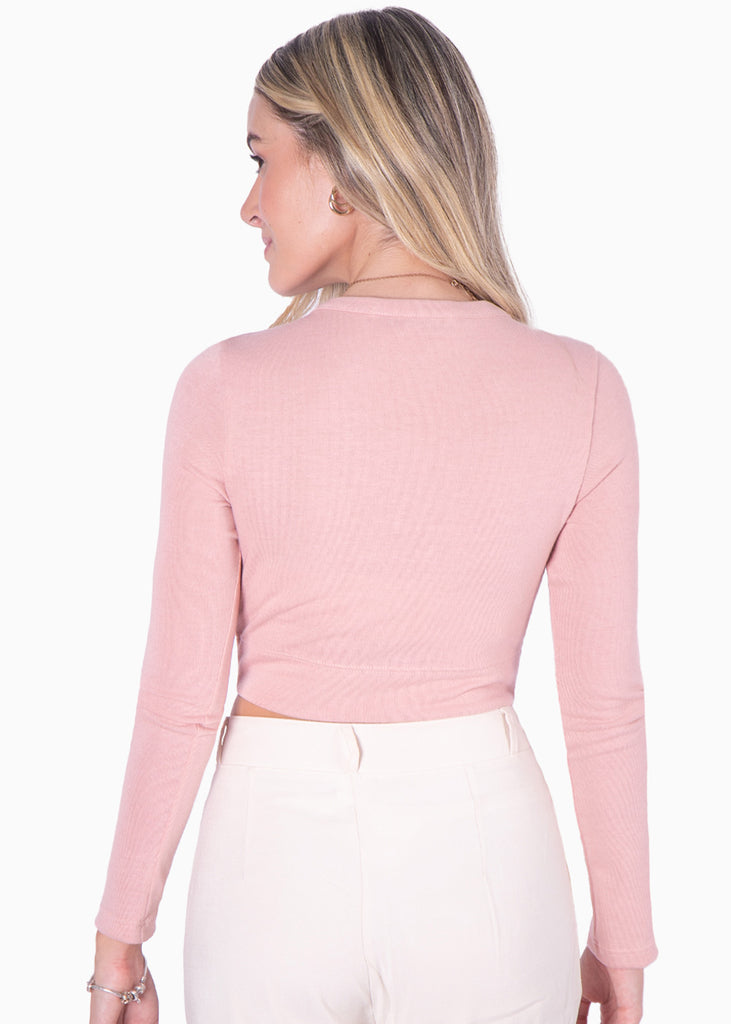 Buzo crop manga larga con escote entorchado color rosado para mujer - Flashy