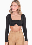 Crop top manga larga con varilla y escote cuadrado color negro para mujer - Flashy