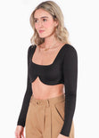Crop top manga larga con varilla y escote cuadrado color negro para mujer - Flashy