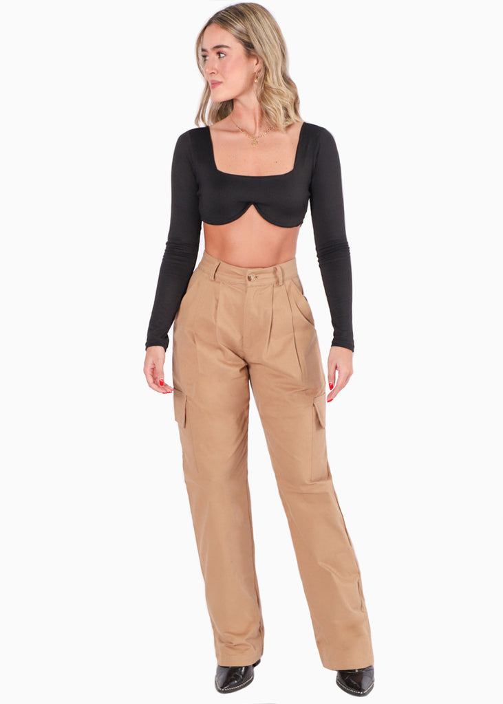 Crop top manga larga con varilla y escote cuadrado color negro para mujer - Flashy