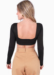 Crop top manga larga con varilla y escote cuadrado color negro para mujer - Flashy