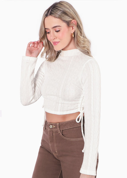 Crop top manga larga cuello alto con anudados en costados color marfil para mujer - Flashy